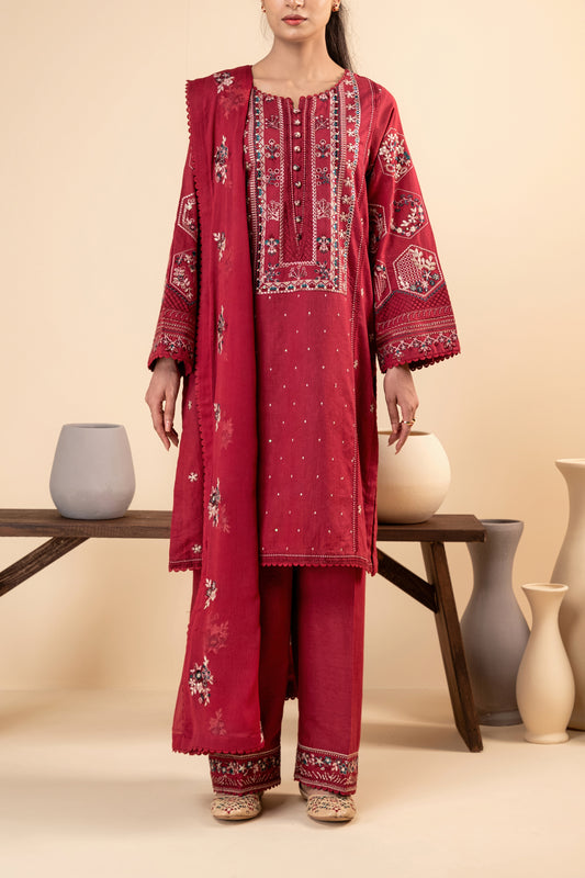 Crimson Elegance – 3-Piece Embroidered Suit